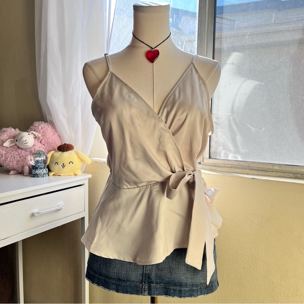 Satin wrap romantic chic cami champagne top with side bow size L